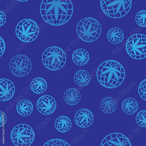 Blue Legalize marijuana or cannabis globe symbol icon isolated seamless pattern on blue background. Hemp symbol. Vector Illustration