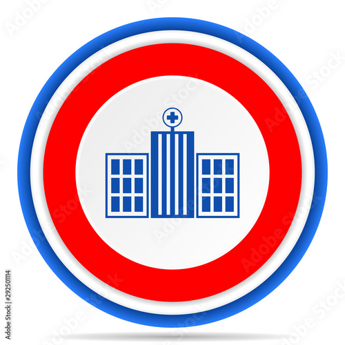 Hospital building round icon, red, blue and white french design illustration for web, internet and mobile applications