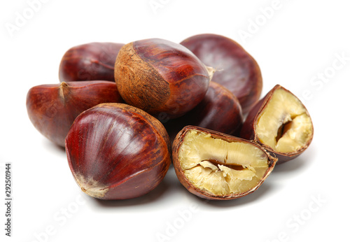 chinese food, peeled roasted chestnut on white background