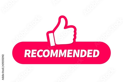 Banner recommended with thumb up. Red web push button with text recommended isolated on white background.