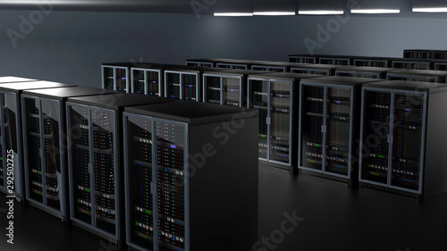 Server room data center. Backup, hosting, mainframe, farm and computer rack with storage information. 3d render