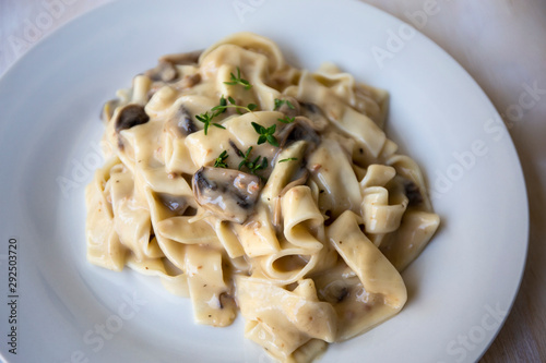 Homemade Italian fettuccine pasta with mushrooms and cream sauce