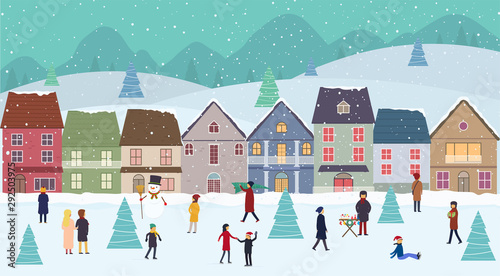 Christmas winter wonderland landscape with fairy houses, hills and people on New Year's Eve.