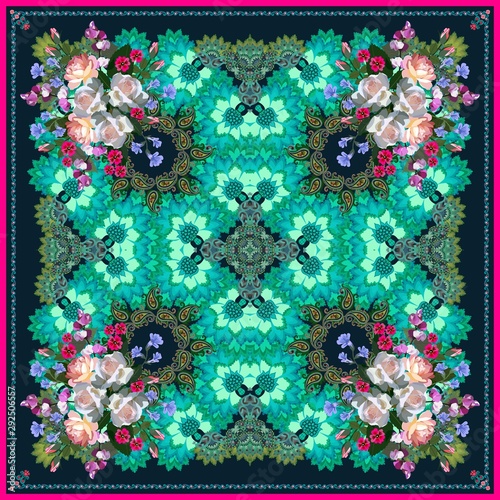 Beautiful shawl with luxury bouquets of garden flowers on emerald color ornament in ethnic style. Indian, russian, spanish motifs. Carpet, tablecloth, doily.