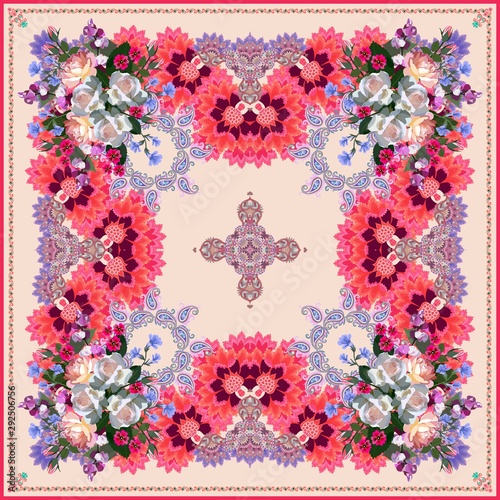 Luxury tablecloth, carpet or shawl with bouquets of garden flowers on complicated fantasy background in ethnic style. Indian, russian motifs.