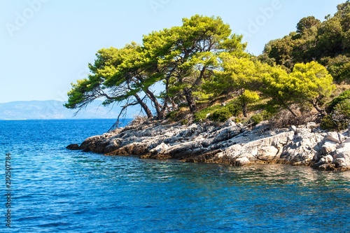 Fototapeta Naklejka Na Ścianę i Meble -  Rocky coast of the Croatian island of Lastovo. Pine trees on seacoast. View from the deck of the yacht. Holiday in Croatia. Sailing on the sea.
