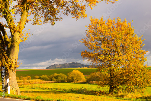 A bright autumn day in October with a view of the old Amöneburg near Marburg built on a volcanic hill.