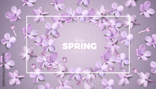 Soft pastel color floral banner background. Purple lilac flowers and petals vector illustration, website template or print card romantic design