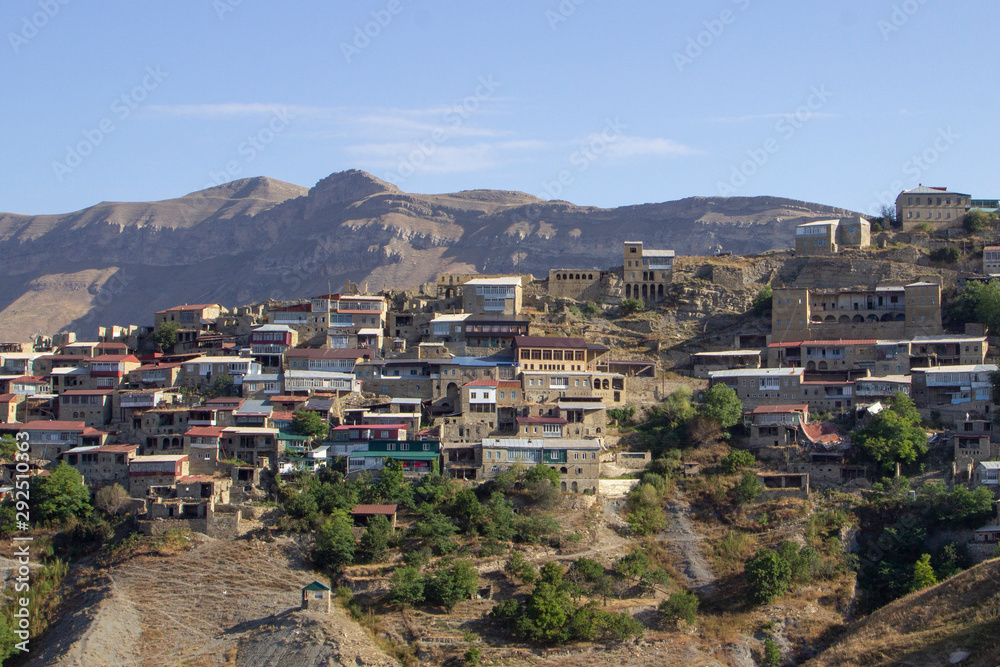 Settlement in the valley of the Dagestan mountains. Dagestan in the mountains. Mountains of the Dagestan.Travel around Dagestan by car.