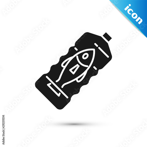 Black Stop ocean plastic pollution icon isolated on white background. Environment protection concept. Fish say no to plastic. Vector Illustration