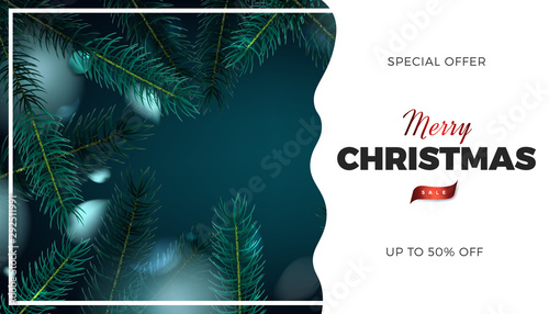 Merry Christmas natural background with fir tree green leaves