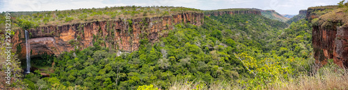 Panorama from top of cliffs in an opening valley in the late afternoon light, Chapada dos Guimarães, Mato Grosso, Brazil, South America