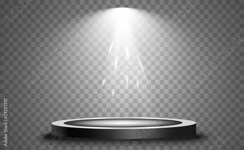 Podium with a spotlight on a dark background, first place, fame and popularity. Vector illustration. Realistic podium illuminated by spotlights.