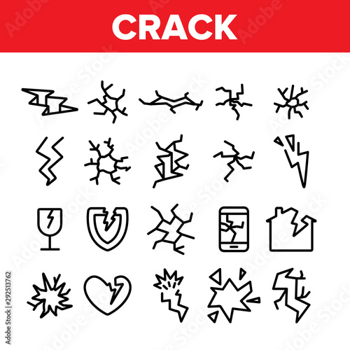 Crack Things Collection Elements Icons Set Vector Thin Line. Crack Glass And Window  Shield And Smartphone Display Screen  House And Heart Concept Linear Pictograms. Monochrome Contour Illustrations