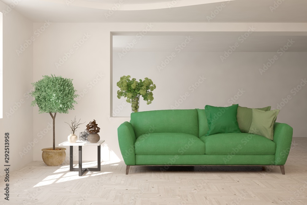 Stylish room in white color with sofa. Scandinavian interior design. 3D illustration Stylish room in white color with sofa. Scandinavian interior design. 3D illustration