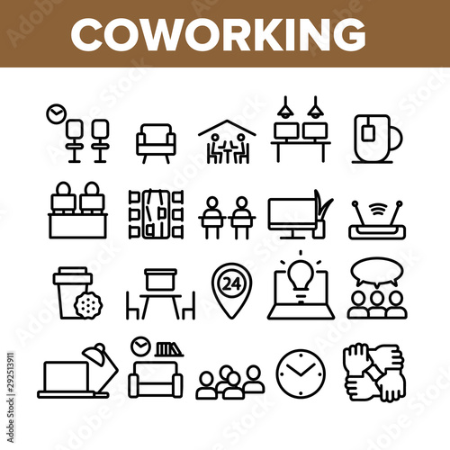 Coworking Collection Elements Icons Set Vector Thin Line. Working Table Place With Computer, Laptop And Lamp, Tea Cup And Clock Coworking Concept Linear Pictograms. Monochrome Contour Illustrations