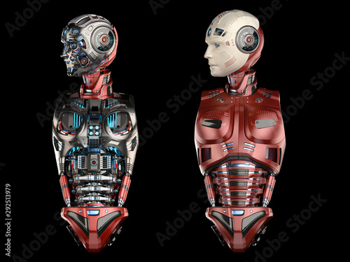 Two futuristic humanoids or very detailed metallic cyborgs with only head and torso. Front views isolated on black background. 3d render