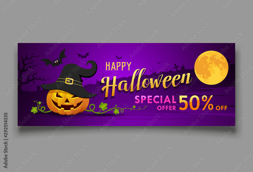 Happy Halloween vector for sale banner pumpkin with bat on moon night purple background, illustrations
