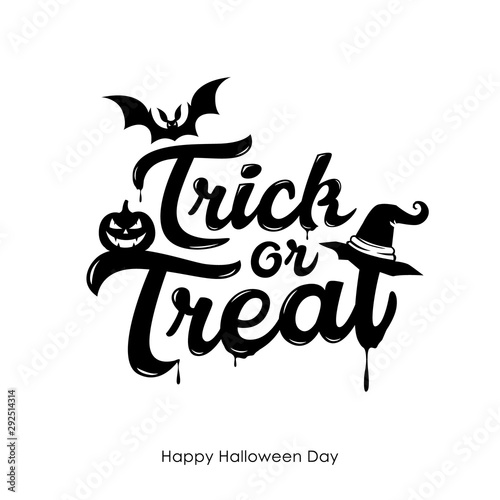Halloween Trick or treat message vector, and bat pumpkin design isolated on white background, illustration