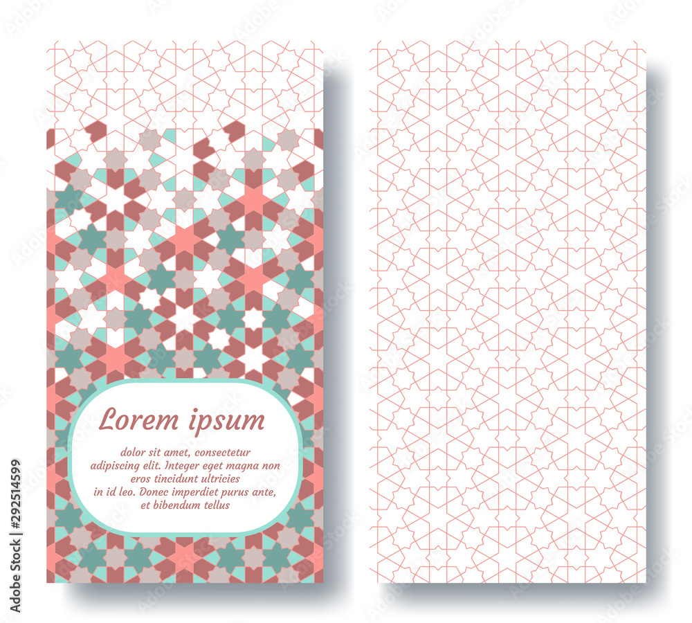 Fototapeta premium Islamic double card for invitation, celebration, save the date, wedding performed in arabian geometric tile. Colofrul vector template