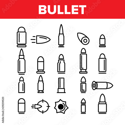 Bullet Ammunition Collection Icons Set Vector Thin Line. Different Caliber, Flying And Standing Military Bullet Concept Linear Pictograms. Army Ammo Monochrome Contour Illustrations