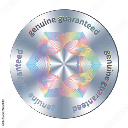Genuine guaranteed metallic round hologram realistic sticker. Vector genuine element for product quality guarantee