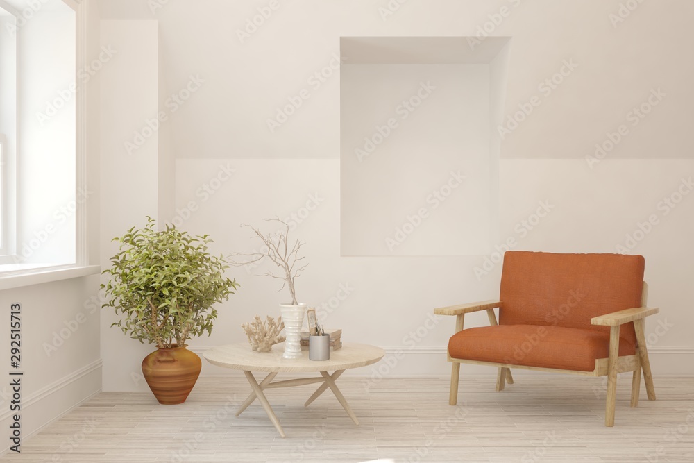 Stylish room in white color with armchair. Scandinavian interior design. 3D illustration Stylish room in white color with armchair. Scandinavian interior design. 3D illustration