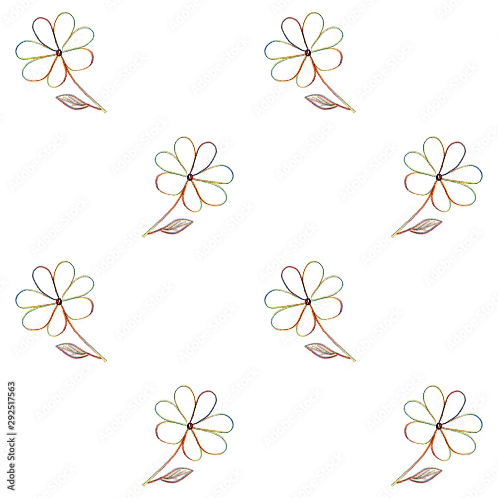 Seamless pattern of simple multicolor flowers and leaves. Botanical print. Decorative hand drawing background.