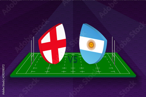Rugby team England vs Argentina on rugby field.