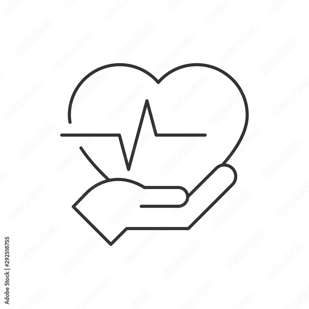Heart with pulse on hand line icon on white background. Editable stroke. Medical concept Heart with pulse on hand line icon on white background. Editable stroke. Medical concept