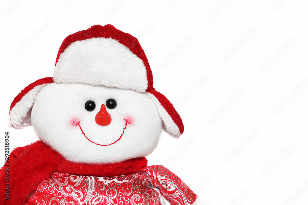 Merry christmas and happy new year greeting card with copy-space. Happy snowmans in red hat with scarf isolated on white background.