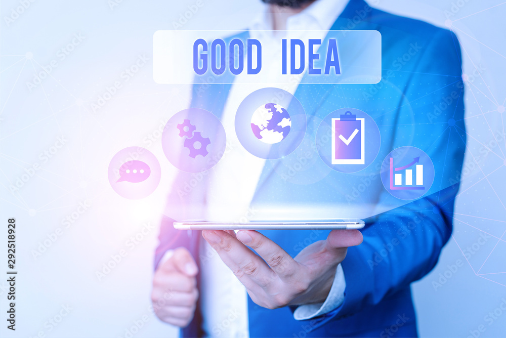 Text sign showing Good Idea. Business photo text State of huanalysis brain to bring great intelegence towards something Male human wear formal work suit presenting presentation using smart device Text sign showing Good Idea. Business photo text State of huanalysis brain to bring great intelegence towards something Male human wear formal work suit presenting presentation using smart device