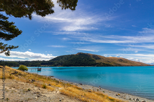 view of Tekapo lake on a sunny day  New Zealand