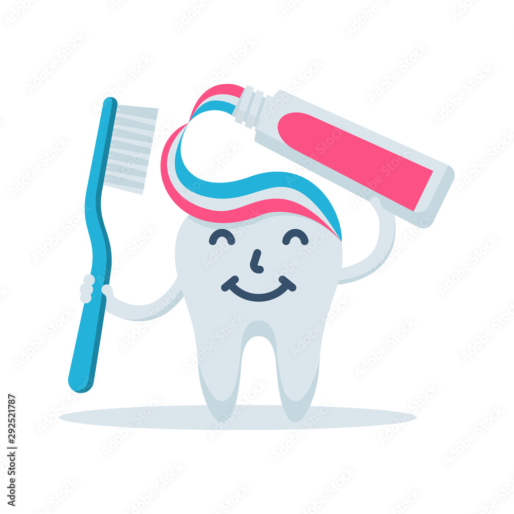 Cute happy smiling tooth with toothbrush and toothpaste. Cartoon character. Brushing teeth. Vector flat design. Isolated on white background. Template for children's illustrations.