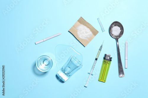 cocaine in paper and equipment on color background with a blank space for a text, Background from cocaine party