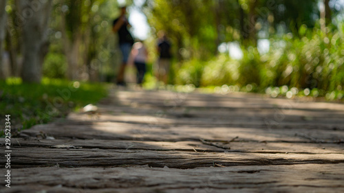 Viajeros caminando por una pasarela de madera