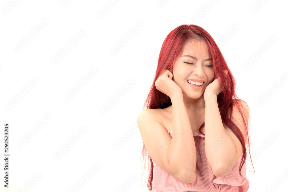 Fototapeta premium Happy winner beautiful asain woman have big smile hands up on white background isolated