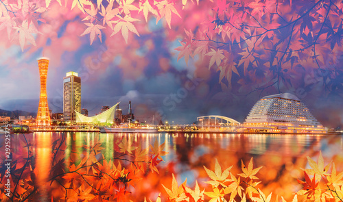 Double exposure of autumn leaf and Tokyo city