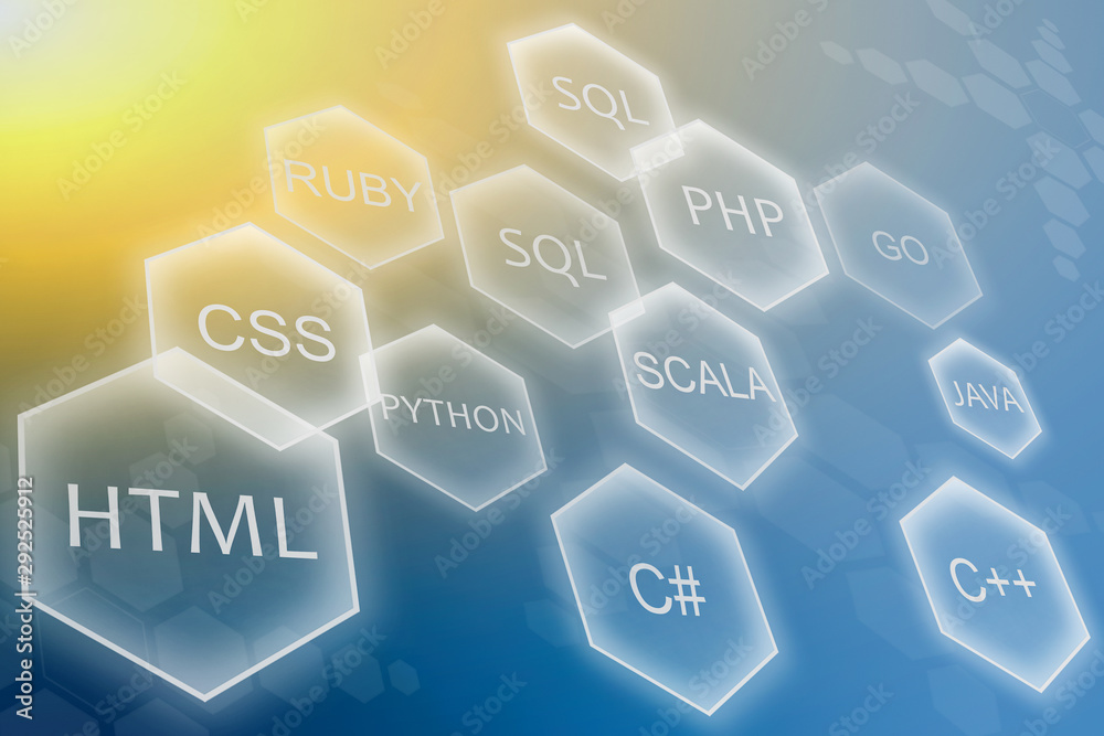 Programming language and development of applications concept on yellow blue  background. Training courses of php, sql, html, css and other disciplines.  Stock Illustration | Adobe Stock