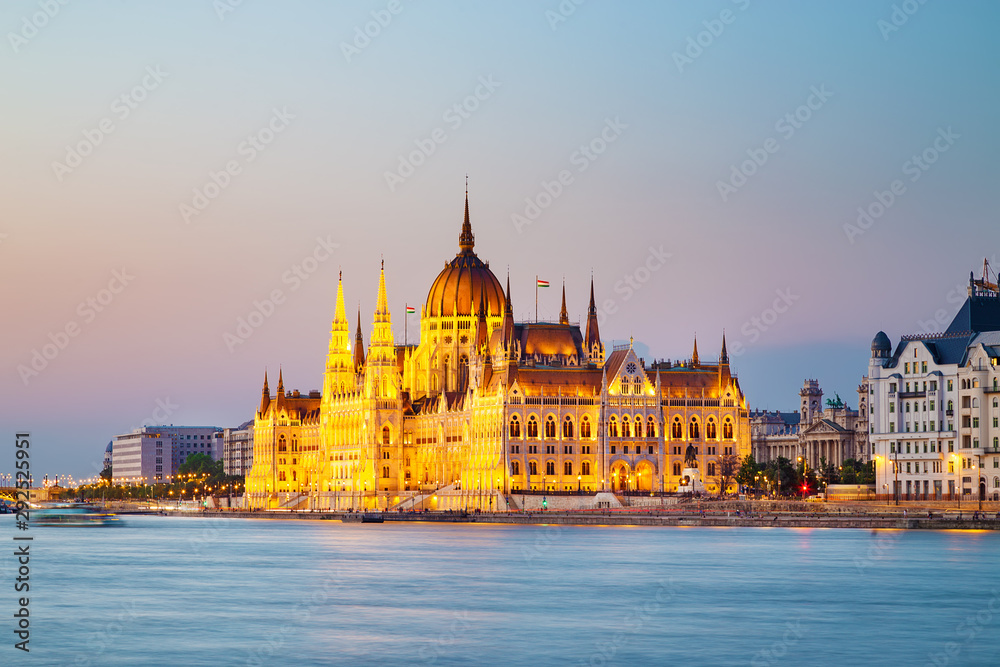 Budapest parliament with danube reiver in the evening, Hungary