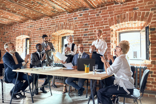 Group of businessmen and head smile, clap and glad innovations in company