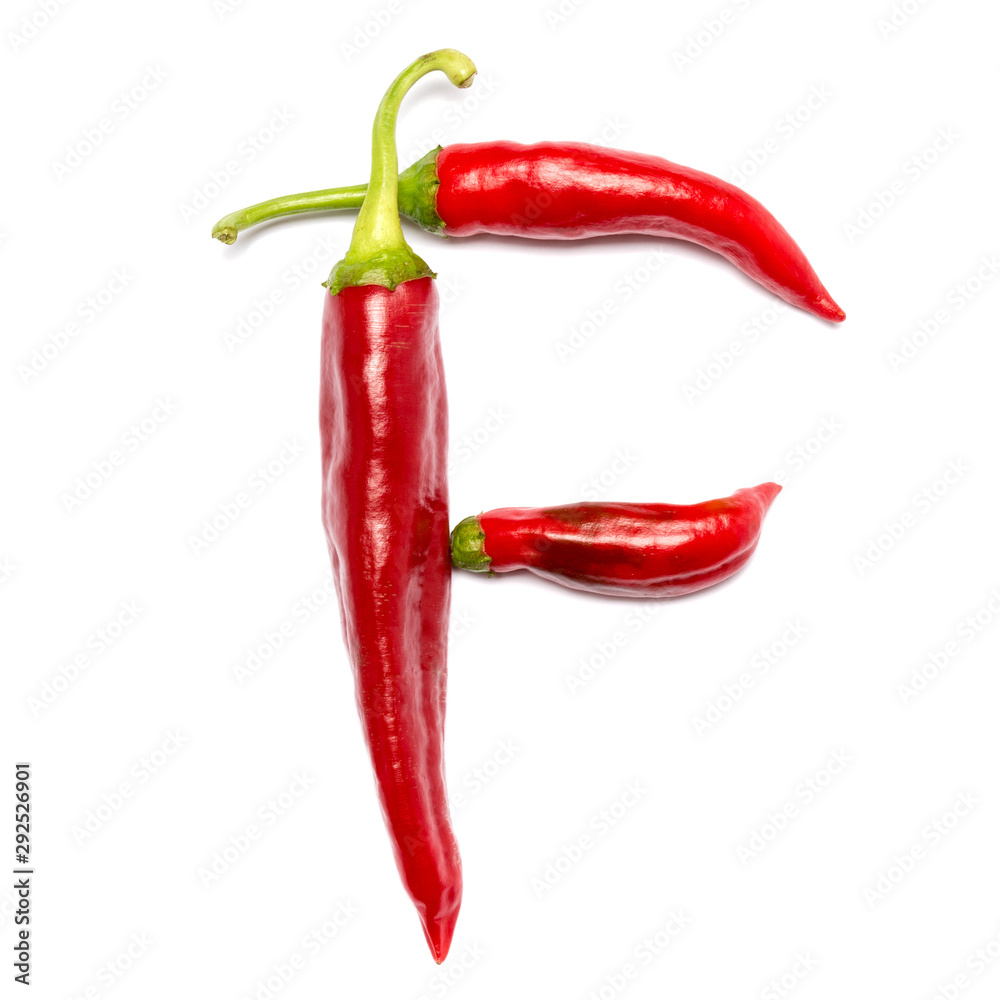 English alphabet made of chili peppers on white background. Font made of hot red chili pepper isolated - letter F.