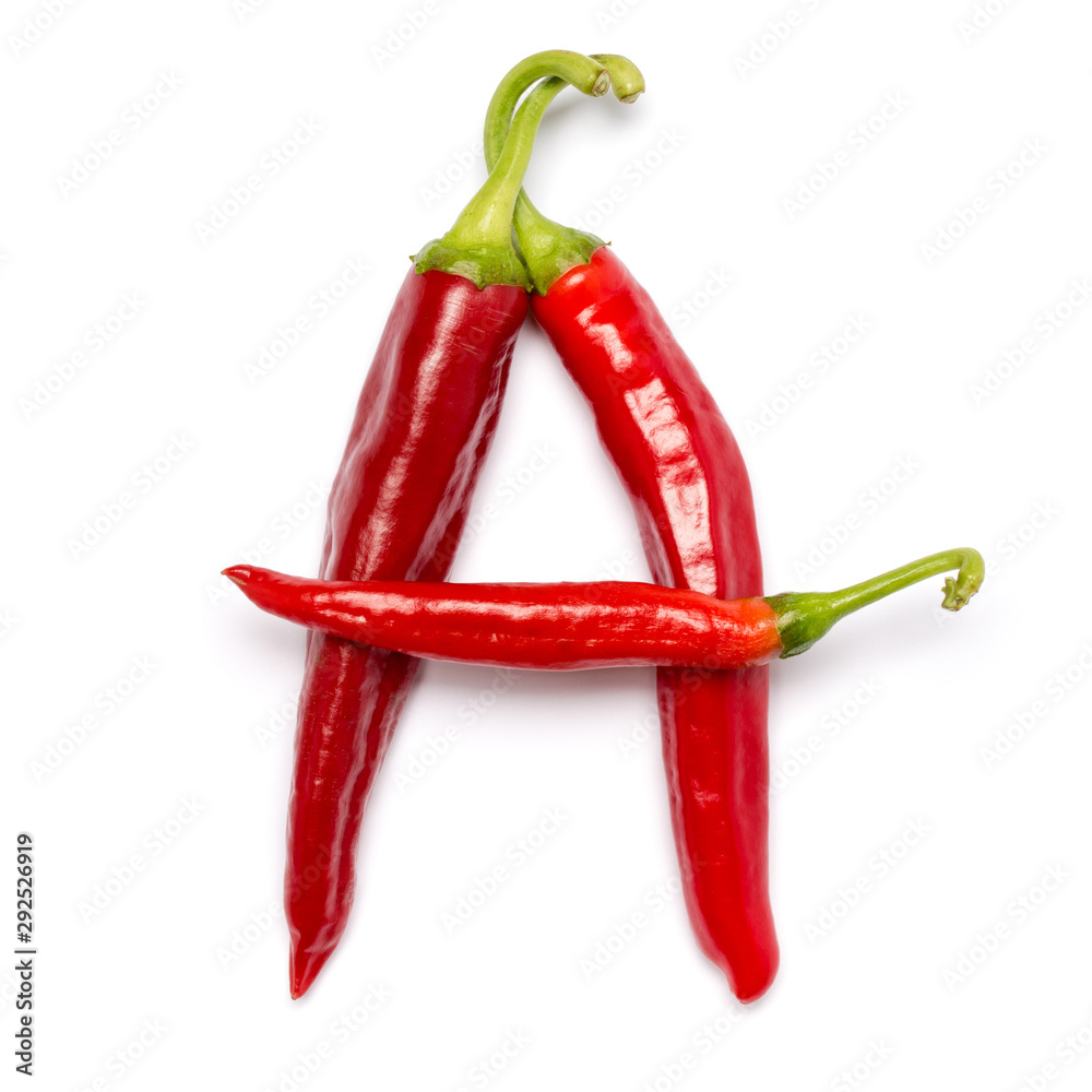 English alphabet made of chili peppers on white background. Font made of hot red chili pepper isolated - letter A.