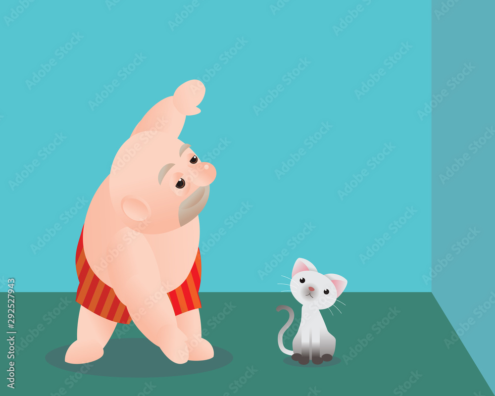 Funny vector illustration of fat bald man doing excercising and get fill better. Concept of Strong healthy fat man. cartoon