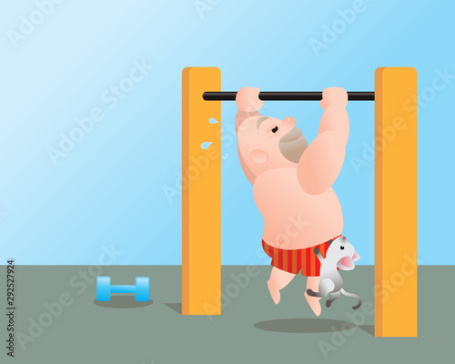 Funny vector illustration of fat bald man doing excercising get feel better. Work out on the horizontal bar. Concept of Strong healthy fat man. cartoon