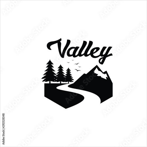 river valley logo black pine tree silhouette with mountain illustration for design inspiration photo