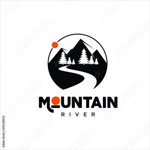 simple modern circle mountain logo river with pine trees for design inspiration