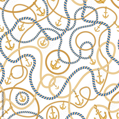 Golden sea nautical anchors, jewelry accessories, striped cables seamless pattern on a white background. Baroque textile silk print, wallpaper. There are seven chain  pattern brushes in the palette