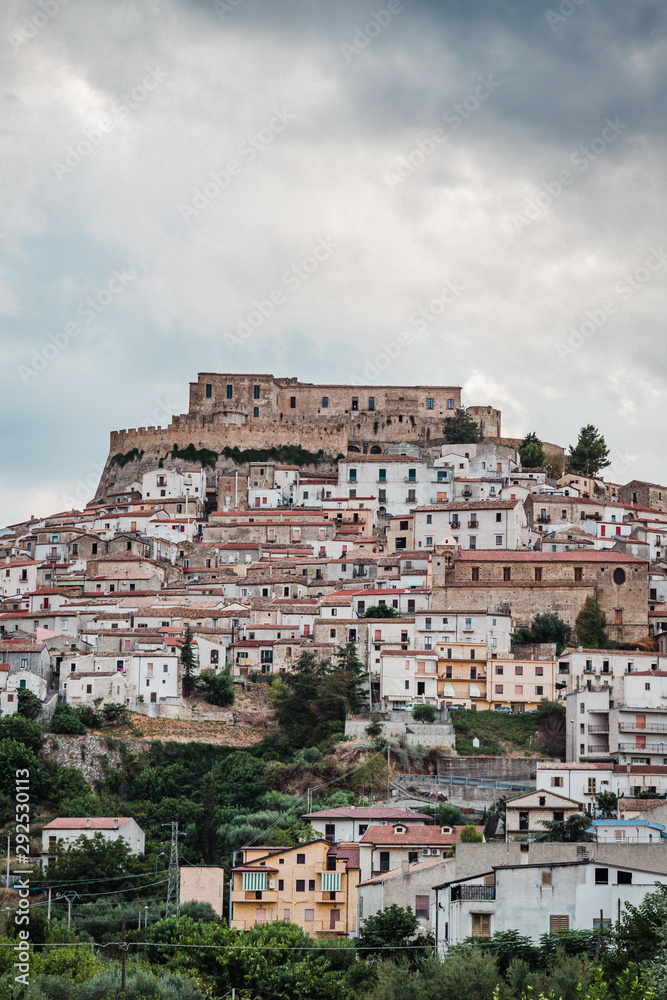 Rocca Imperiale, Italy - August 2019: View of the ancient village of Rocca Imperiale, in Calabria, during a sunset in August