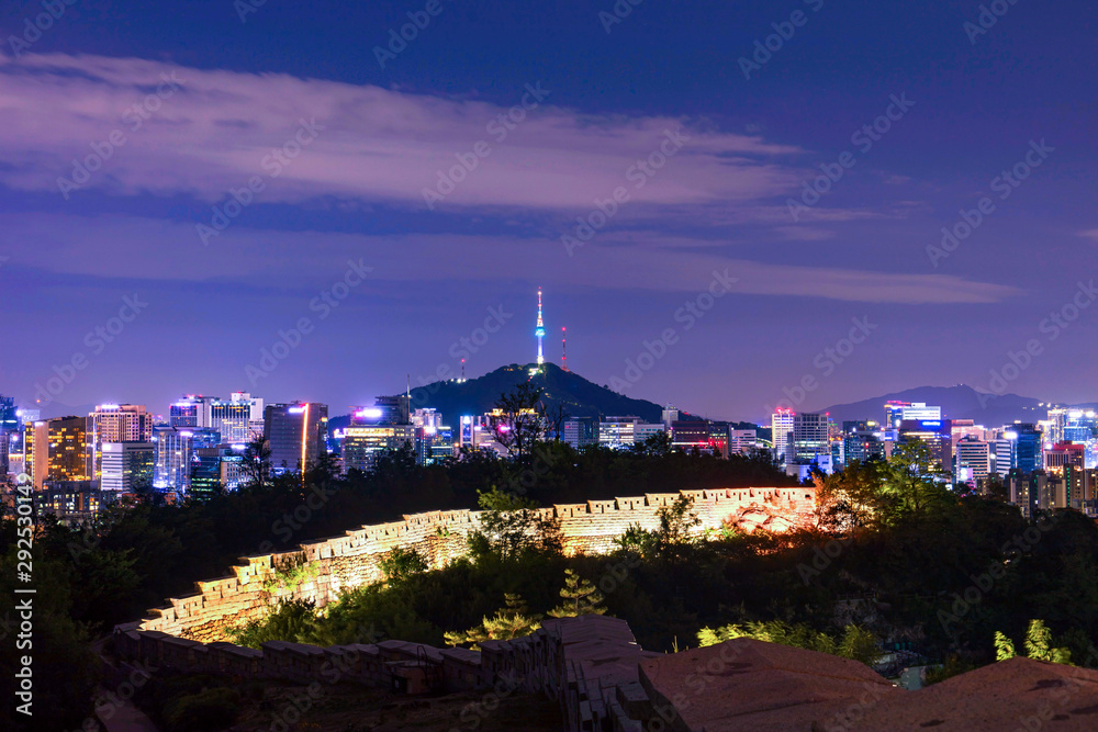 Seoul South Korea City Skyline at night with seoul tower.